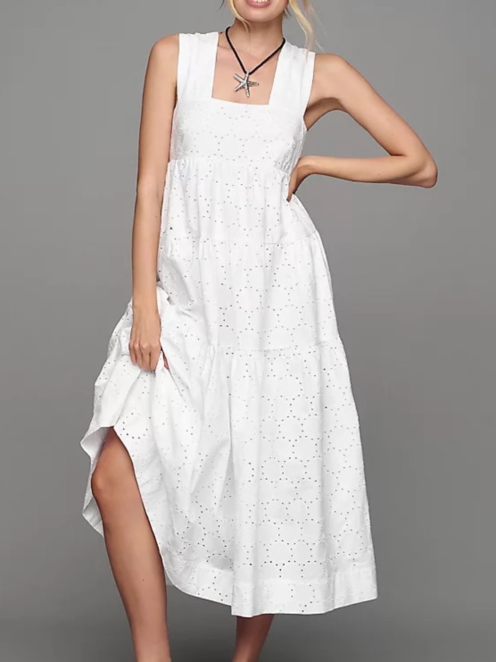 By Anthropologie Women’s Square Neck Eyelet White Lace Tiered Midi Dress Sz XXS